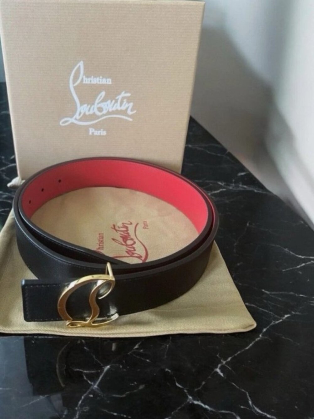 Christian Louboutin CL Script Belt Black Red w/ Gold Buckle Incl Box & Dust Bag